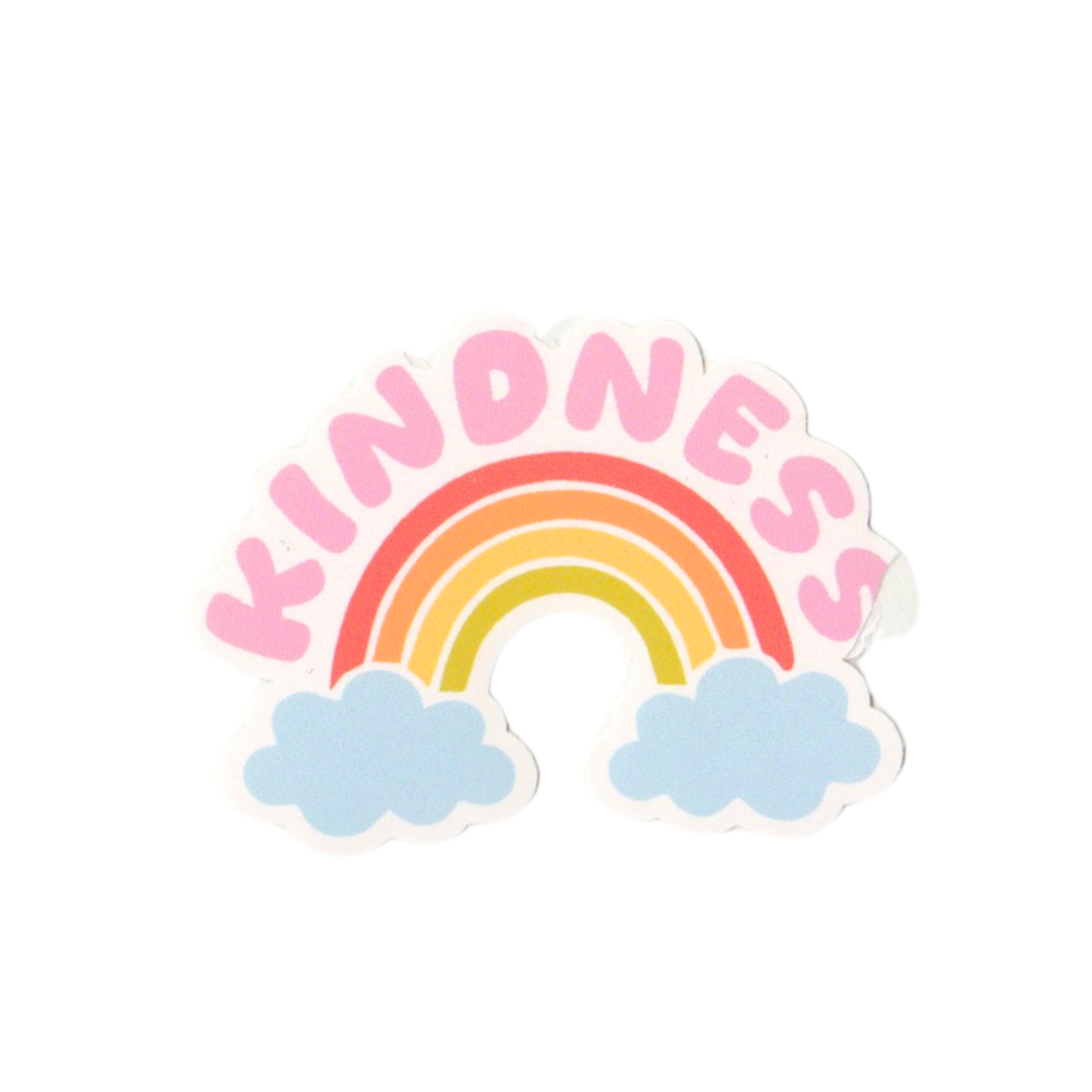 A die-cut sticker featuring the word 'KINDNESS' in pink letters arched over a pastel rainbow with light blue clouds at the bottom, shown on a plain white background.