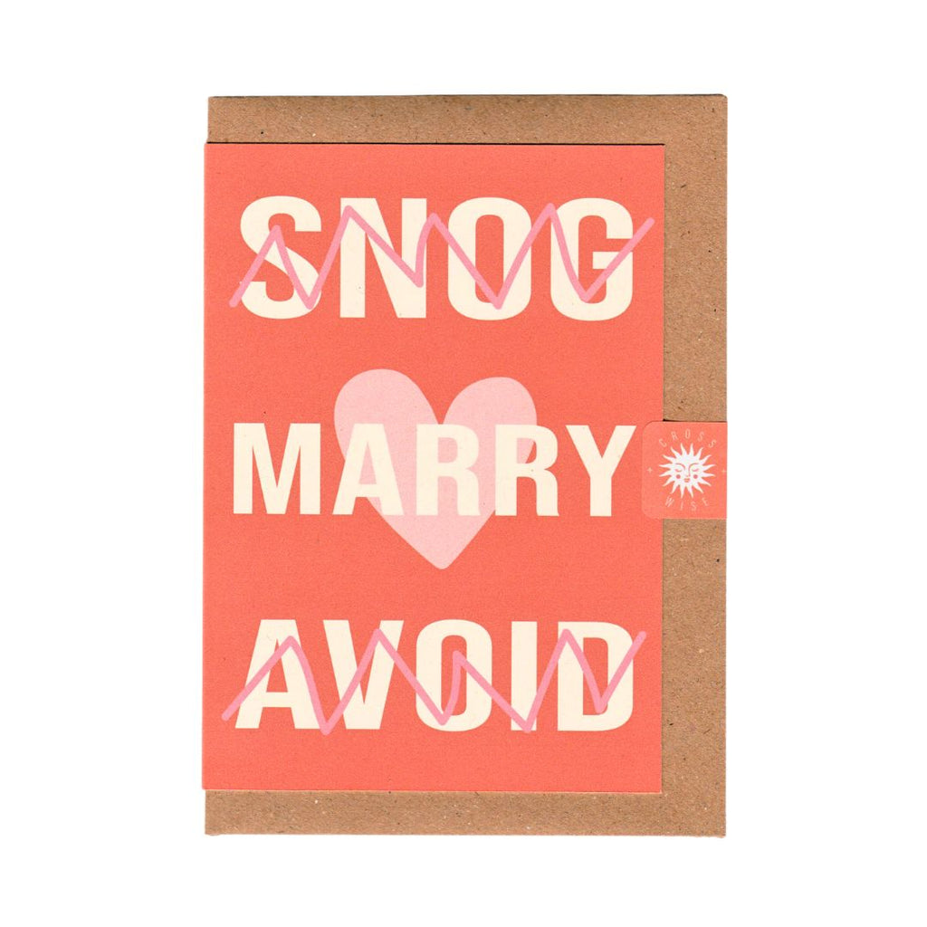 Funny engagement card, reads Snog, Marry, Avoid. Funny valentines day card. Rude engagement card. Rude valentines day card. 