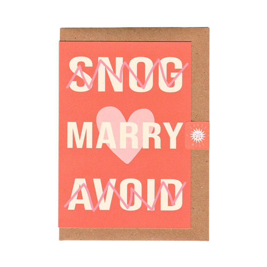Funny engagement card, reads Snog, Marry, Avoid. Funny valentines day card. Rude engagement card. Rude valentines day card. 